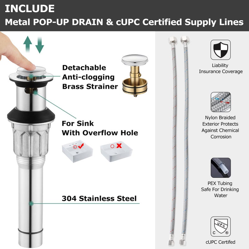 PARLOS Single Handle Mid Arc Centerset Bathroom Sink Faucet with Metal Drain Assembly and cUPC Faucet Supply Lines, Lead-Free, Chrome 13433 - Image 4